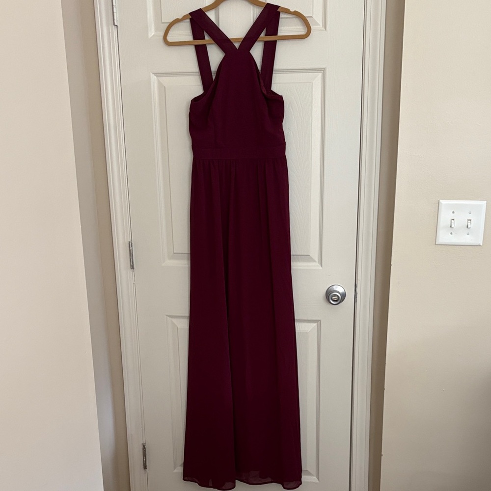 Lulu's Burgundy Wine Halter Strap Maxi Formal Prom Homecoming Ball Gown Dress